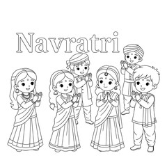 Cute cartoon children celebrating navratri festival with namaste gesture isolated on transparent background