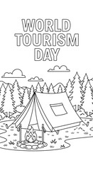 World tourism day camping scene with tent and campfire isolated on transparent background