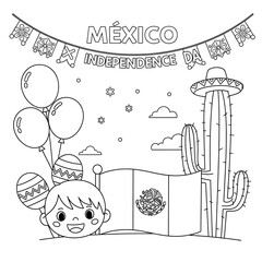 Cute mexican independence day celebration with a child flag balloons maracas and cactus isolated on transparent background