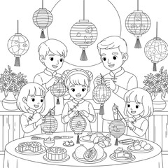 Happy family making traditional lanterns and enjoying mooncakes isolated on transparent background