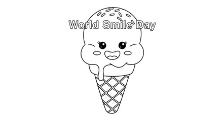 Cute smiling ice cream cone with sprinkles and text world smile day isolated on transparent background