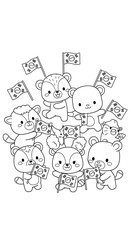 Cute cartoon animals holding south korean flags isolated on transparent background