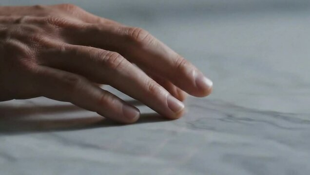 Close-up of a hand touching and feeling a smooth marble countertop. Interior design, materials, and sensory texture concept.