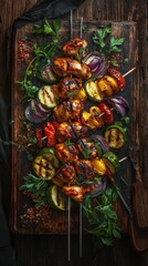 Fototapeta premium meat shashlik with vegetables on wooden background