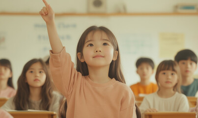 Young student raising a hand in a bright and organized classroom, engaged in learning and participation