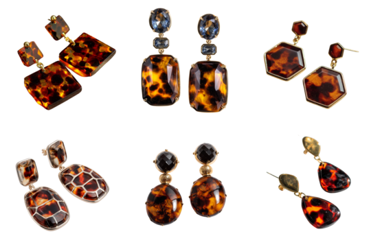 Set of tortoiseshell earrings on white background, jewelry