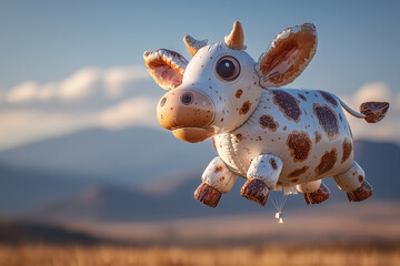 Whimsical Cow in Flight: A charming, cartoon-like cow floats effortlessly against a blurred landscape of open fields and distant mountains under a bright, clear sky.