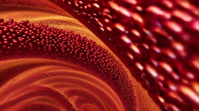 Abstract 3D rendering of vibrant red small intestine villi, showcasing countless finger-like projections along the convoluted surface for nutrient absorption, illustrating complex internal biology.
