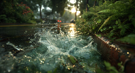 Overflowing Storm Drain After Heavy Rain - Rapid water flow from an overflowing storm drain onto a rain-soaked street. Lush green vegetation is visible near the drain