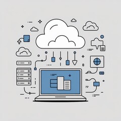 Cloud computing concept with laptop and data transfer icons in a modern flat design style