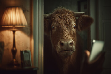Curious Bovine: A captivating photo of a cow, with a look of curiousity holding a cell phone, peering from a doorway in a domestic setting, evoking a sense of mystery and the unusual.