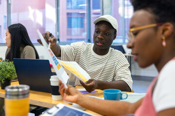 Diverse team collaborating in a modern office setting
