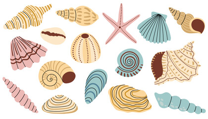 Collection of seashell and starfish in pastel color palette, cartoon flat style.