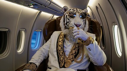 Powerful white tiger executive reclining in private jet cabin, sipping exclusive beverage while wearing luxurious gold jewelry and designer sunglasses
