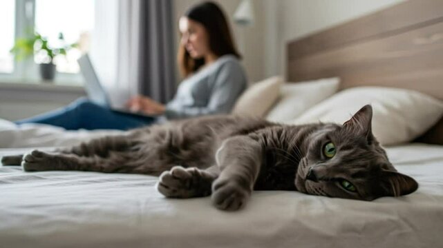 Cute cat relaxing on bed while woman works on laptop funny pet video adorable feline moments home office