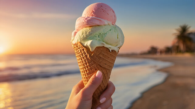 A detailed close-up of a woman’s hand holding a refreshing ice cream cone, with the sunset over the beach creating a warm, summer atmosphere
- Powered by Adobe