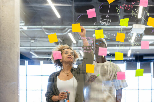 Team brainstorming with colorful sticky notes