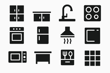 Black set of 12 culinary icons. Minimal vector for home cooking and organization.