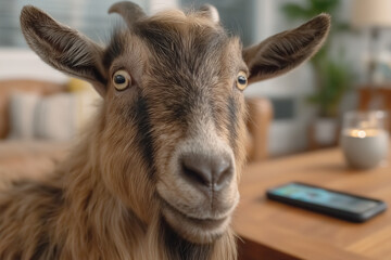 Fototapeta premium Goat's Gazing Gaze: A close-up shot of a curious goat, fixated on the viewer, its intelligent eyes convey an amusing story of domestication.