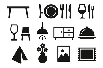 Black set of 12 eating icons. Minimal vector for interior design and hosting.