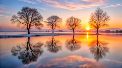 Obraz premium Four bare trees stand in a row, their reflections mirrored perfectly in a calm body of water during a vibrant winter sunset