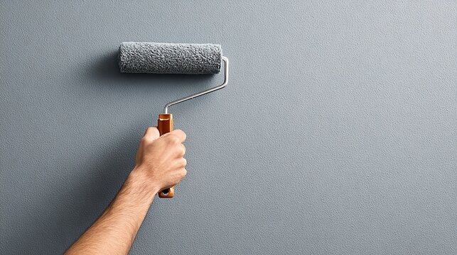 Hand painting grey wall with paint roller during home renovation or interior improvement project indoors