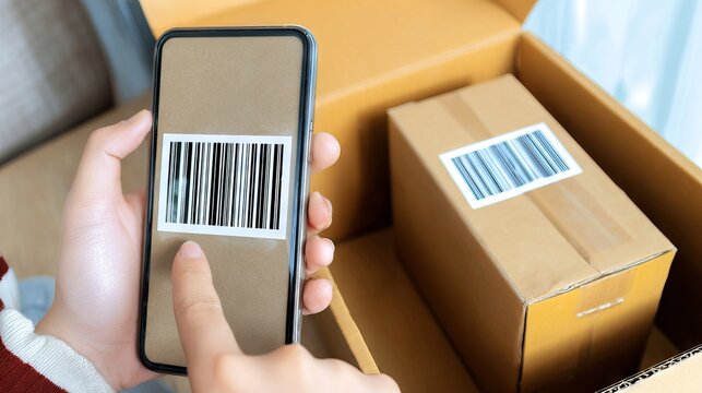 Person scanning barcode on smartphone, with cardboard box and package in background, showcasing modern technology in inventory management and logistics - Powered by Adobe