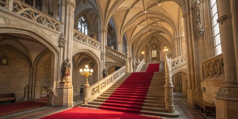 Fototapeta premium Grand Staircase with Red Carpet Gothic Architecture Interior, Palace Hall, Stone Carvings Gothic architecture, palace interior