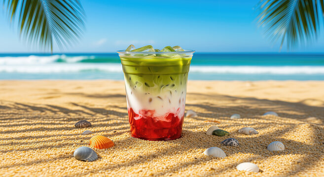 iced strawberry matcha latte on a sandy tropical beach with an ocean view