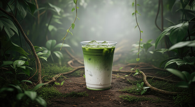 iced matcha latte in a takeaway cup sitting on the forest floor in a misty jungle setting