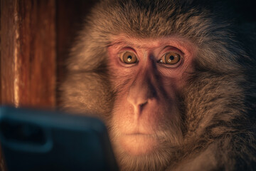 A close-up of a monkey's face looking at a smartphone