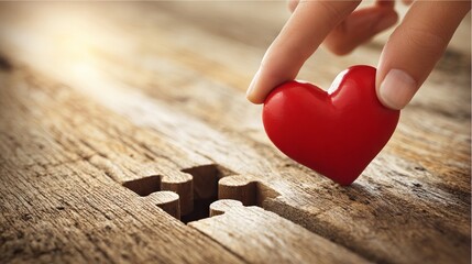 Hand placing a red heart-shaped piece into a wooden puzzle, symbolizing love and connection, with warm lighting enhancing the emotional atmosphere of the scene