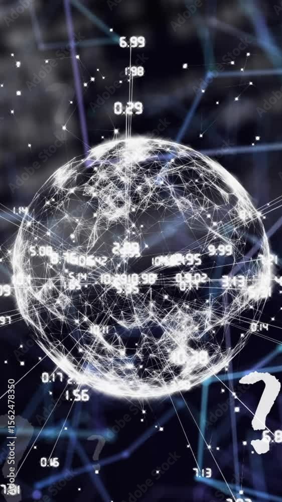 Poster animation of question mark icons over network of connections and data processing on black background