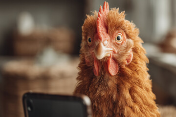 humorous pet photo of Chicken and Device