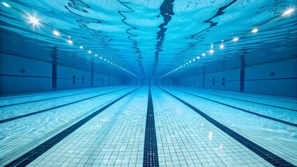 An underwater view of a pristine swimming pool reveals the clear blue water and the crisp lines of the pool bottom, creating a tranquil and serene atmosphere