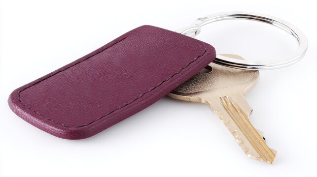 Keychain with a purple leather tag and a gold key, resting on a white surface, showcasing a stylish accessory for everyday use and organization - Powered by Adobe