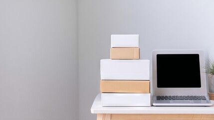 Stacked white and gold boxes beside a laptop on a wooden desk, with a minimalist background, creating an organized workspace with copy space for design elements