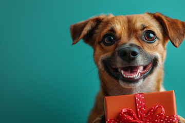 Smiling Chihuahua dog with a gift, ribbon, and present, adorable pet on teal background