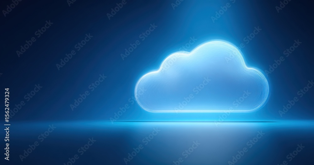 Poster cloud technology background with a glowing digital cloud icon on a blue, abstract futuristic tech a 