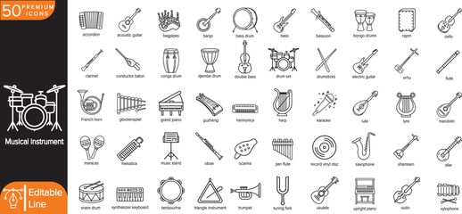 50 Vector Icons of Musical Instruments – Clean Line Icons of Classical, String, Percussion, Wind, and Ethnic Instruments for Music Education, UI, Infographics, and Stock Vector Use