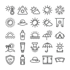 Summer and Sun Protection Icon Set Outlined Symbols for Vacation and Safety