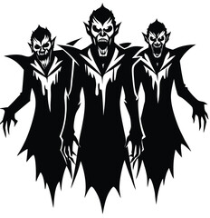 Three fearsome vampires emerge from the shadows, their menacing forms dripping with darkness.  A chilling illustration perfect for Halloween, gothic art, or fantasy projects. © Jannatul jui