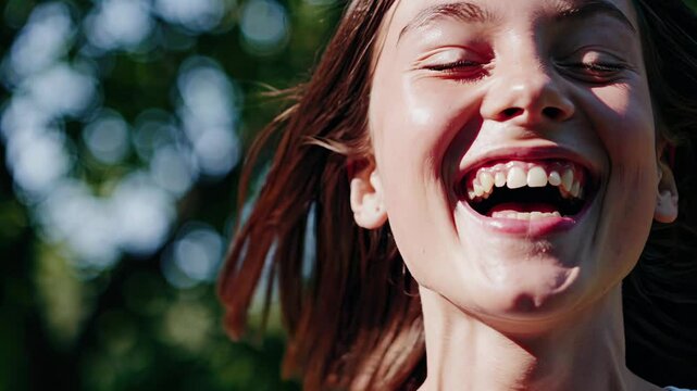 Happiness and carefree joy embody a young woman laughing outdoors, her hair flowing freely in the breeze, creating a series of candid and expressive moments
