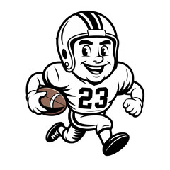 Cheerful cartoon character in football helmet running happily on a white background