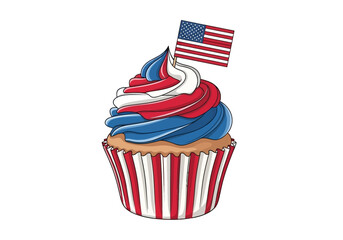 A patriotic cupcake topped with red white and blue frosting celebrating the 4th of July holiday with