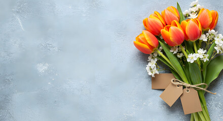A vibrant bouquet of tulips with blank tags on a textured blue surface, a visual celebration of springtime beauty and thoughtfulness. The image features beautiful orange and yellow tulips.
