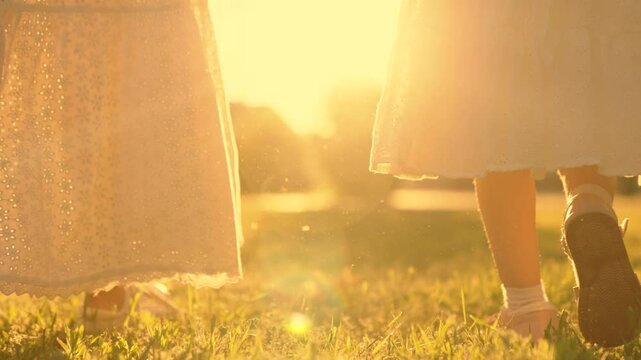 Feet of child mother go on green grass of sun. Little girl, daughter, mom walk together on green grass, play in park. Family, child walking, girl, mother, summer sun on her feet. Child step, sun, feet