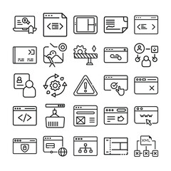 Collection of Black and White Line Art Icons Representing Web Development Concepts