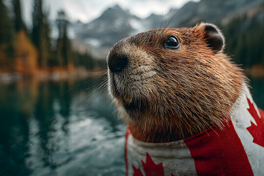 Beaver wrapped in Canadian flag by lake with mountains in background. Close-up of beaver against Canadian flag. Canada Day holiday. National celebration and patriotism concept. Banner, poster - Powered by Adobe