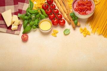 Ingredients for cooking Italian dish. Tomato sauce, grissini, farfalle pasta, spaghetti, fresh...